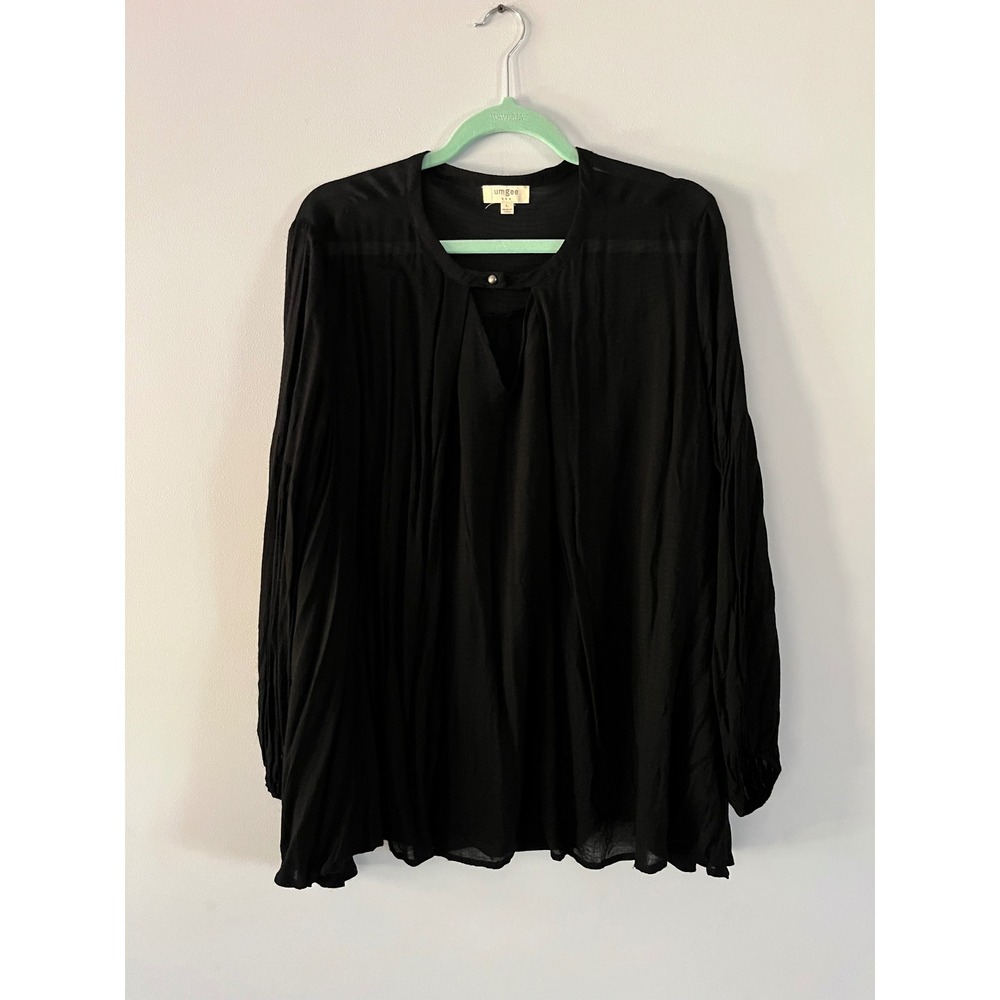Umgee USA Womens Black Pleated Keyhole Long Sleeve Blouse Top Large